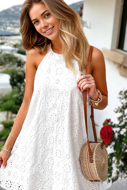 Boho Eyelet Pattern Halter Neck Sleeveless Dress: White / M