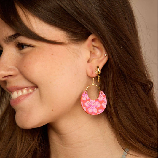 Flame Hibiscus Nina Leather Hoop Earrings: Silver