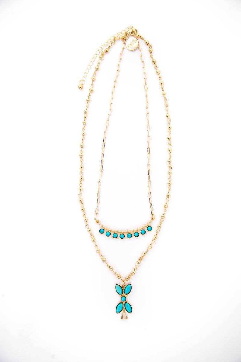 16" Dotted Bar & 18" Gold Beaded Chain with Turquoise Blos.
