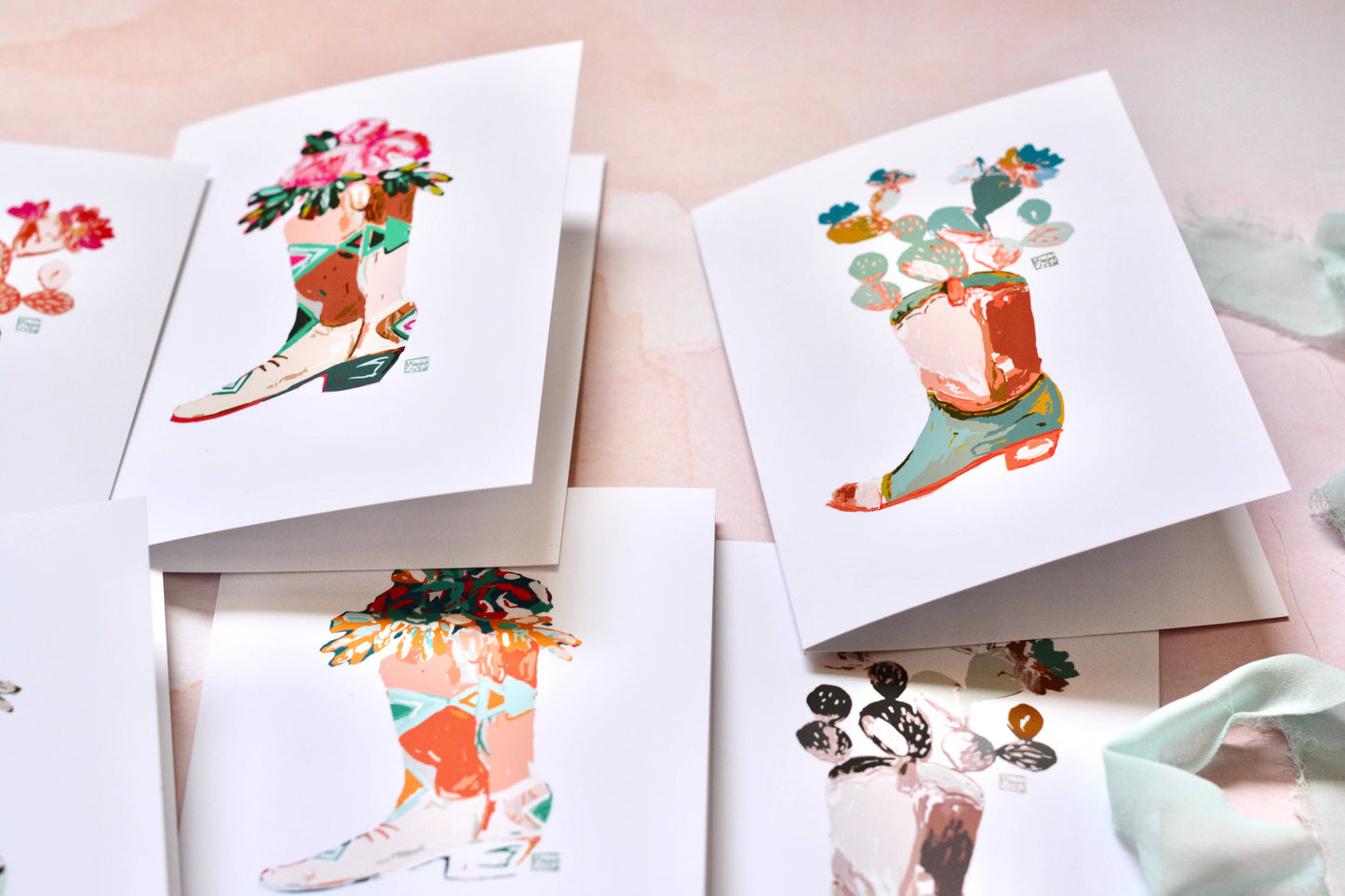 Western Cowboy Boot Floral and Cactus Blank Notecard Set
