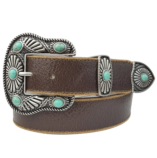 Vintage Leather belt with Western Buckle Set: White w. Blue Stone / S