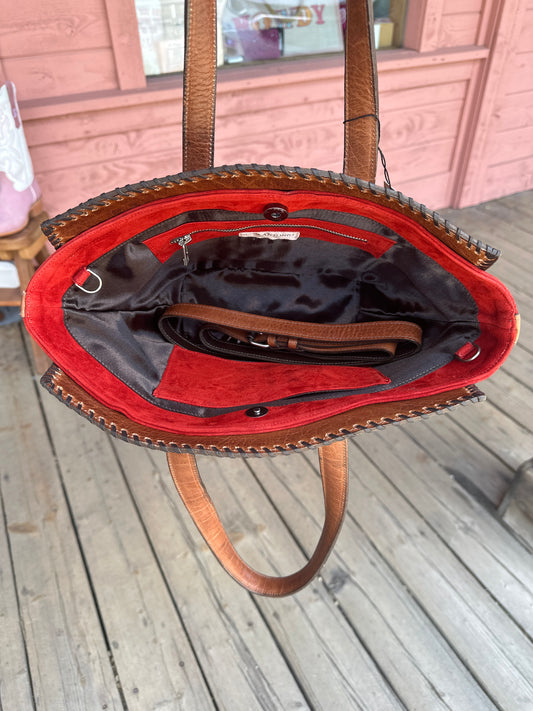Juan Antonio Medium Red Suede Rough Out Whipstitch Handbag with Bison Cognac Details