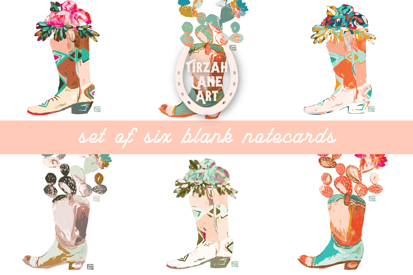 Western Cowboy Boot Floral and Cactus Blank Notecard Set