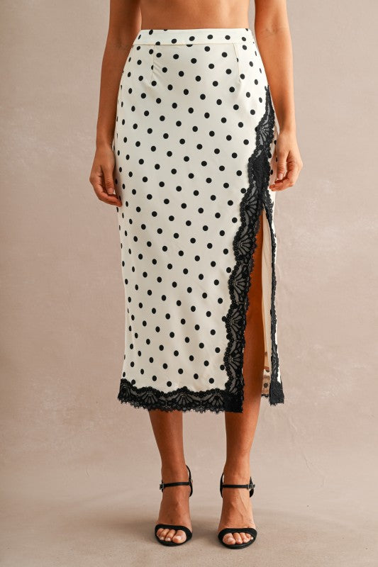 Satin polka dot lace trim midi skirt