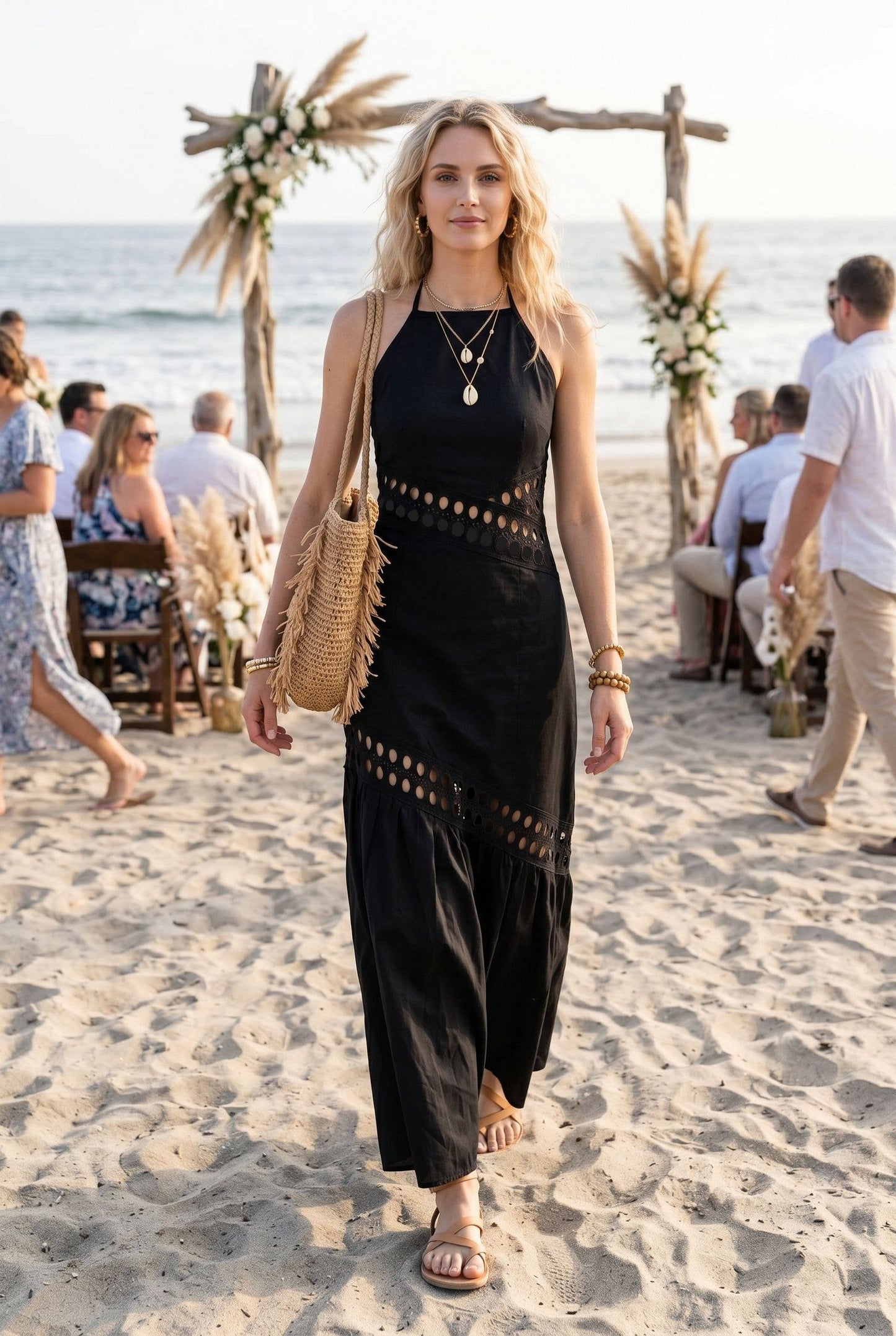 Cutwork lace trimmed maxi dress with halter neckline