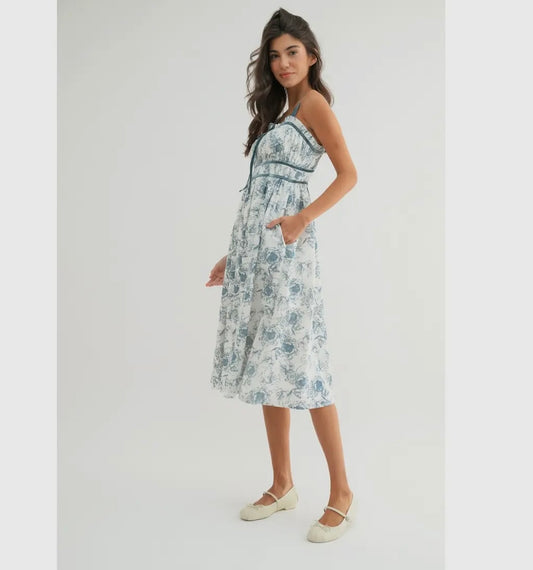 Velvet Trim Floral Midi