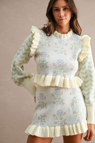 Floral Jacquard Knit Top & Mini Skirt Set