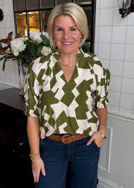 Geometric Print Top-Olive/Cream HTML