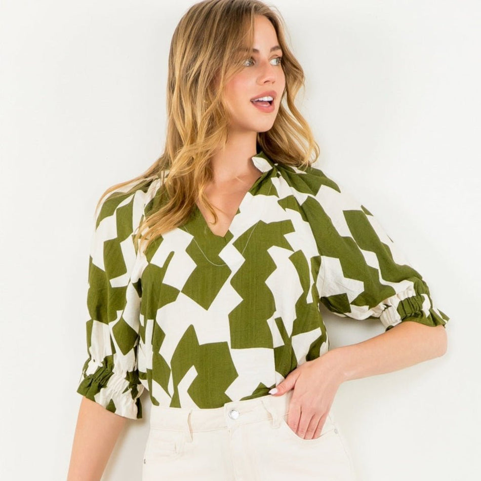 Geometric Print Top-Olive/Cream HTML