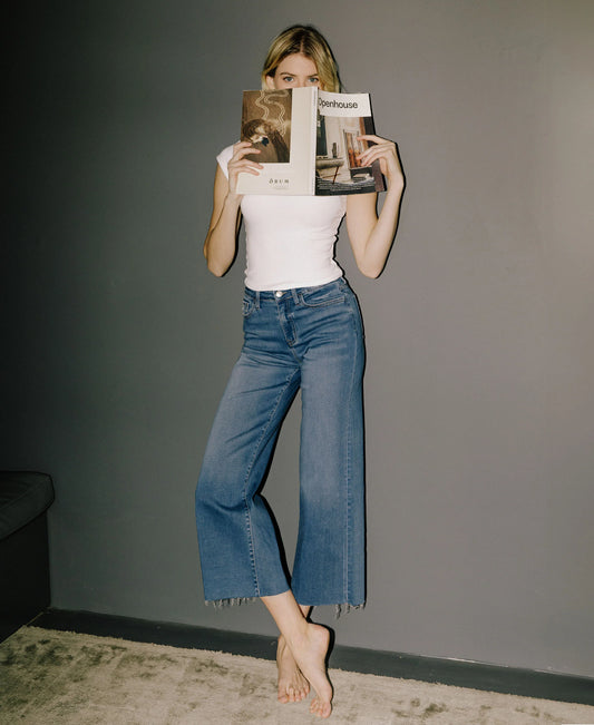 High Rise Raw Hem Crop Slim Wide Leg Jeans