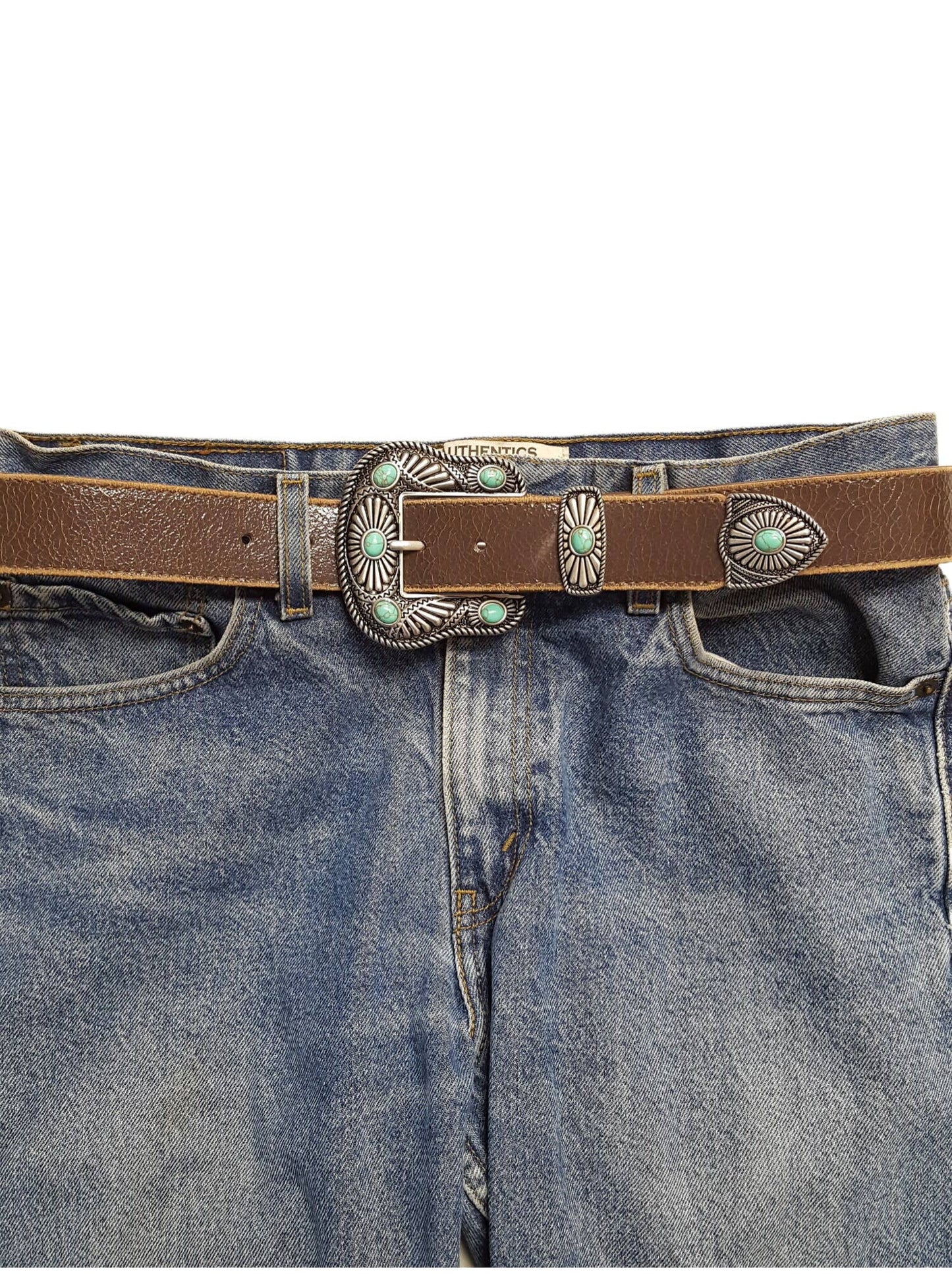 Vintage Leather belt with Western Buckle Set: White w. Blue Stone / S