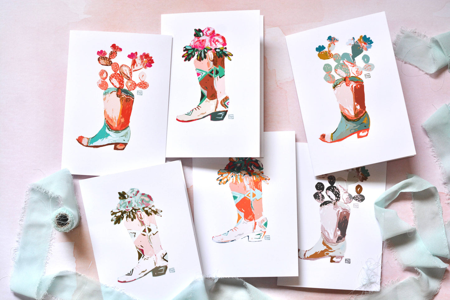 Western Cowboy Boot Floral and Cactus Blank Notecard Set