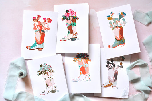 Western Cowboy Boot Floral and Cactus Blank Notecard Set
