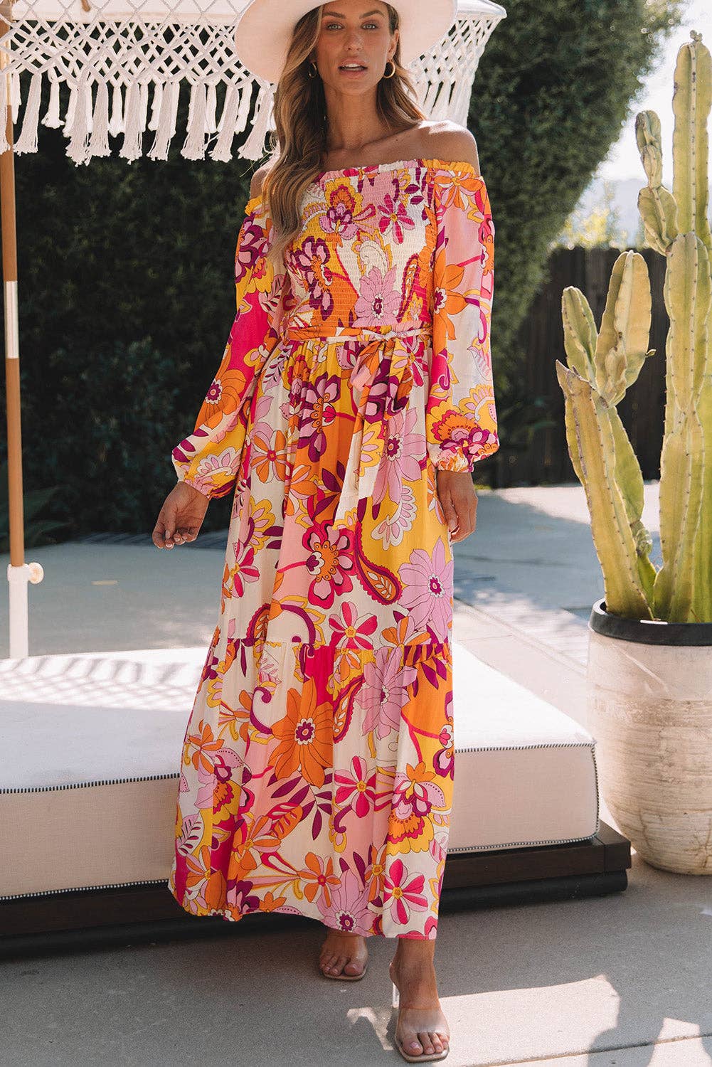 Boho Floral Smocked Off Shoulder Puff Sleeve Maxi Dress Retro Pony Boho Floral Smocked Off Shoulder Puff Sleeve Maxi Dress Retro Pony