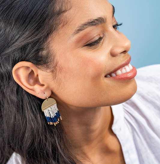 Claudia Curved Pattern Short Beaded Fringe Earrings Navy
