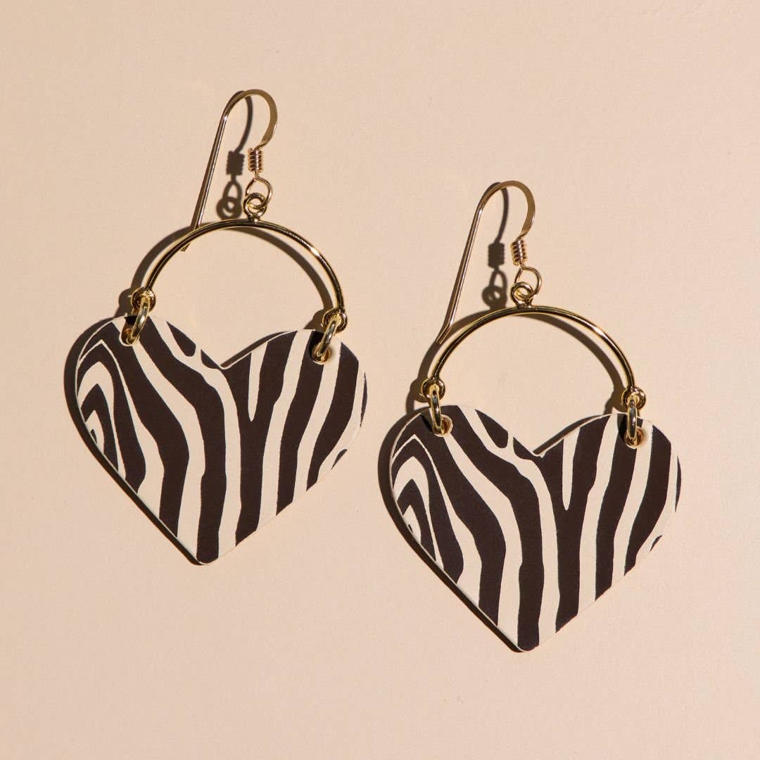 Ecru & Brown Zebra Lover Heart Hoop Earrings: Silver