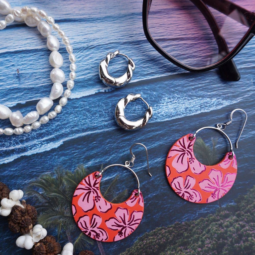 Flame Hibiscus Nina Leather Hoop Earrings: Silver