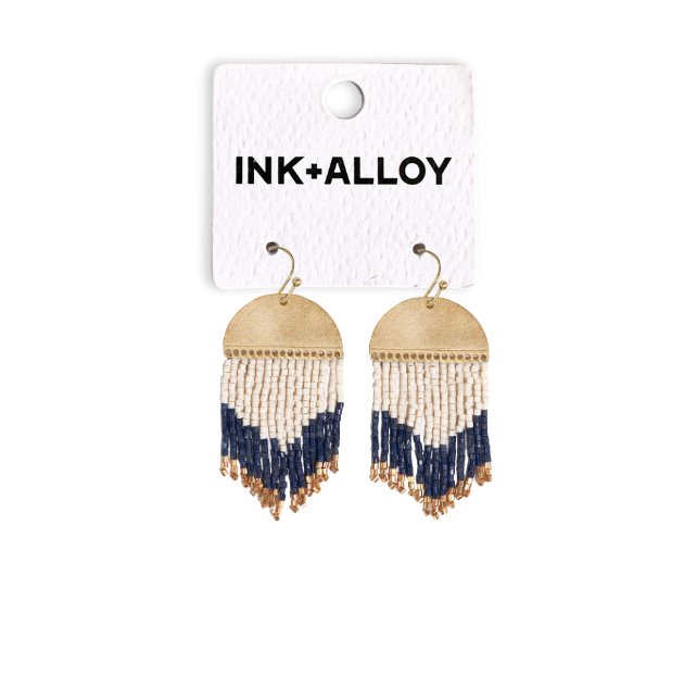 Claudia Curved Pattern Short Beaded Fringe Earrings Navy