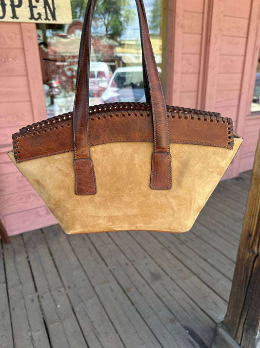 Juan Antonio Small Camel Rough Out Whipstitch Handbag with Bison Cognac Details.