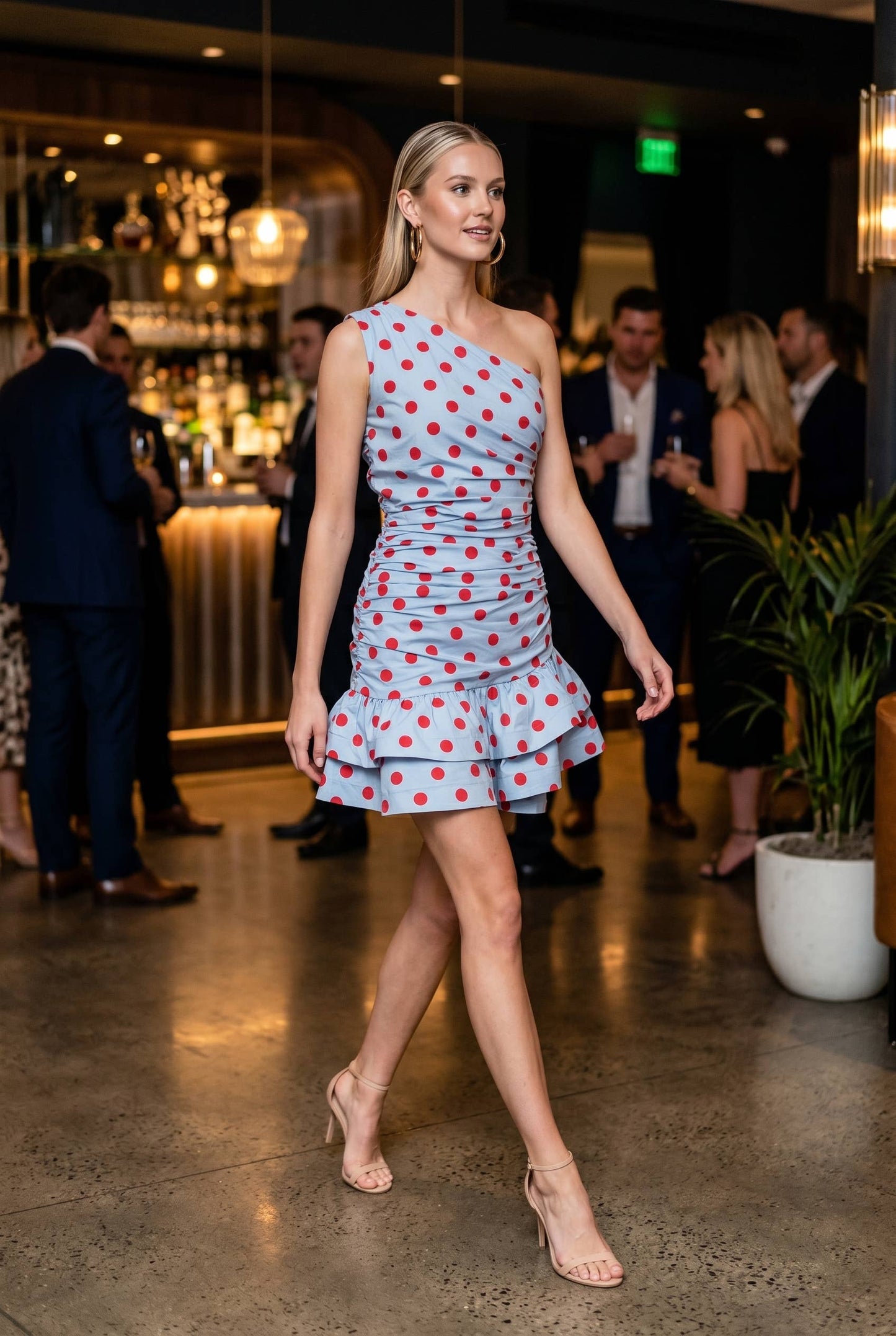 Asymmetrical ruffle hem dot printed one shoulder mini dress