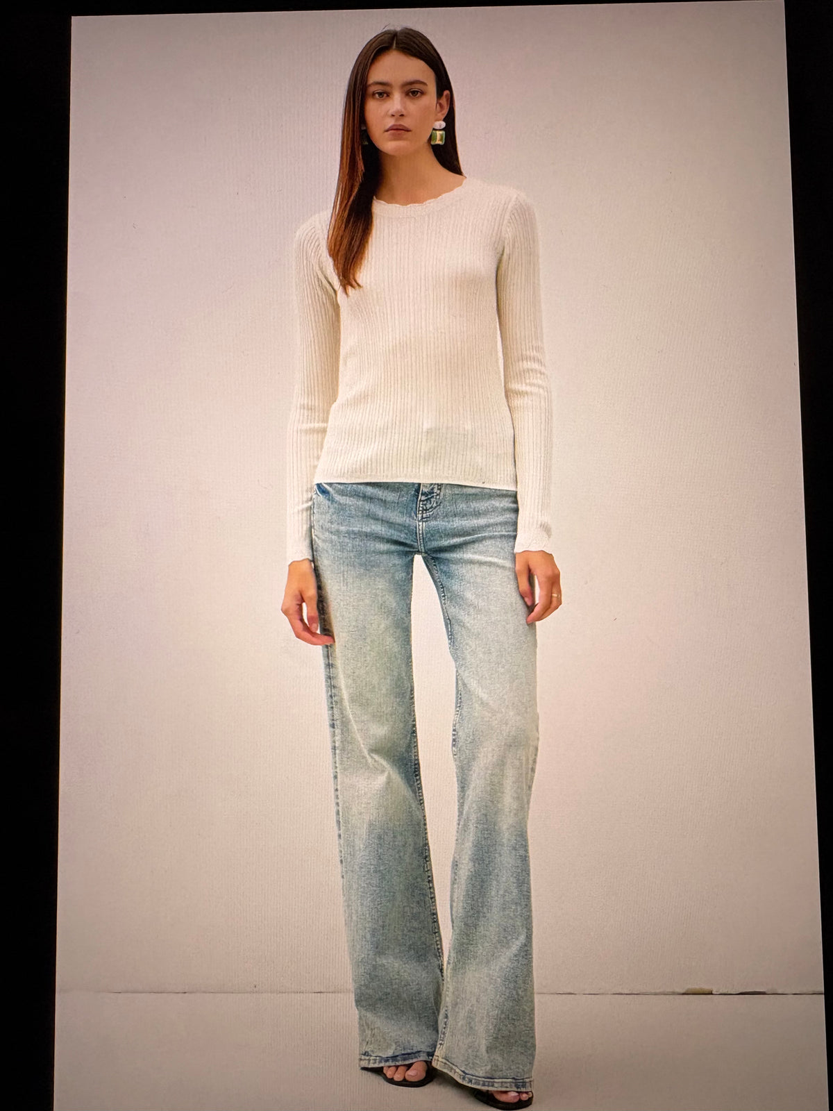 Ivory Scalloped Edge Ribbed Sweater