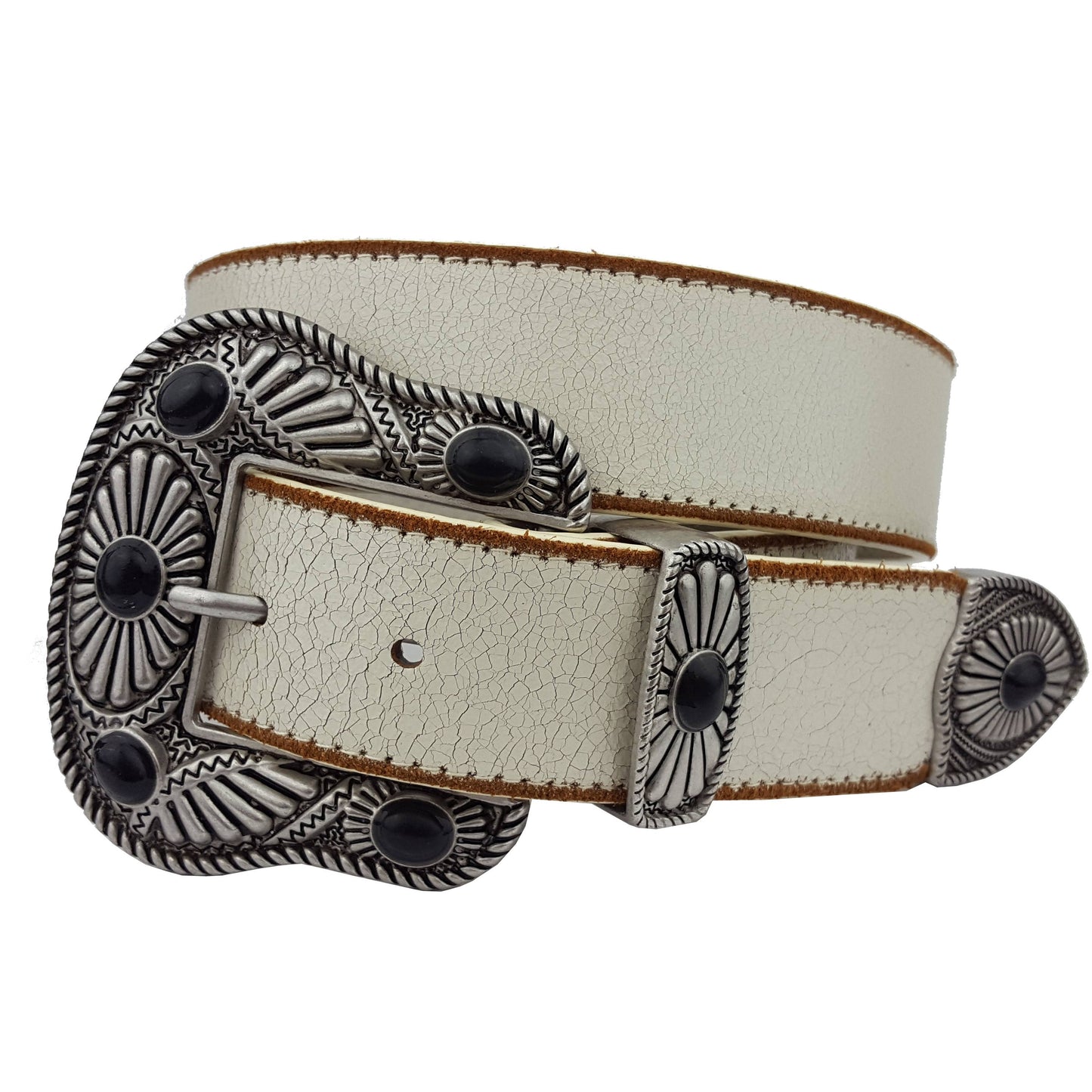 Vintage Leather belt with Western Buckle Set: White w. Blue Stone / S