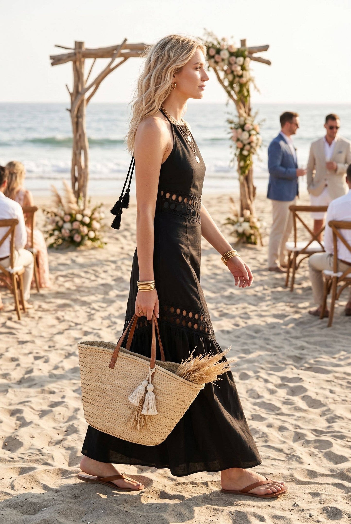 Cutwork lace trimmed maxi dress with halter neckline