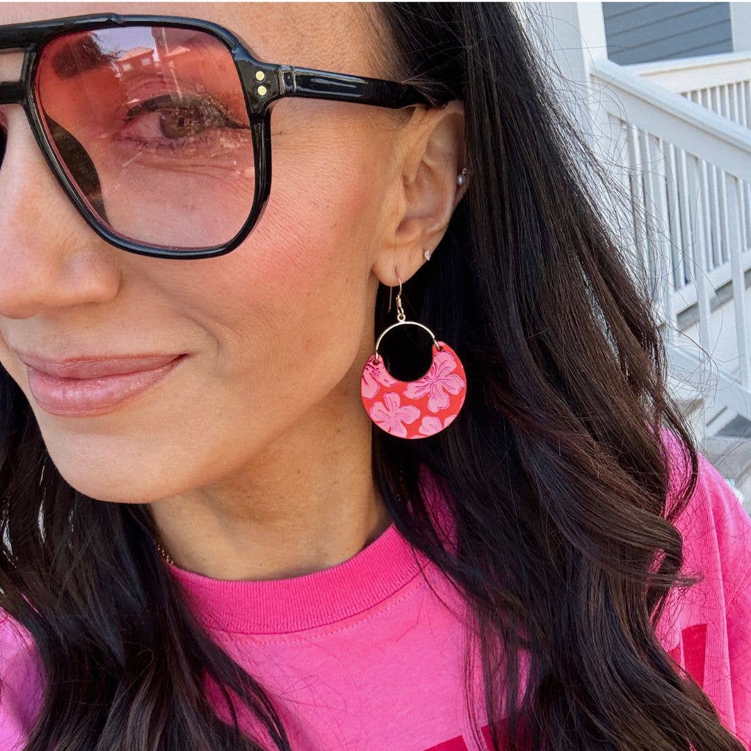 Flame Hibiscus Nina Leather Hoop Earrings: Silver