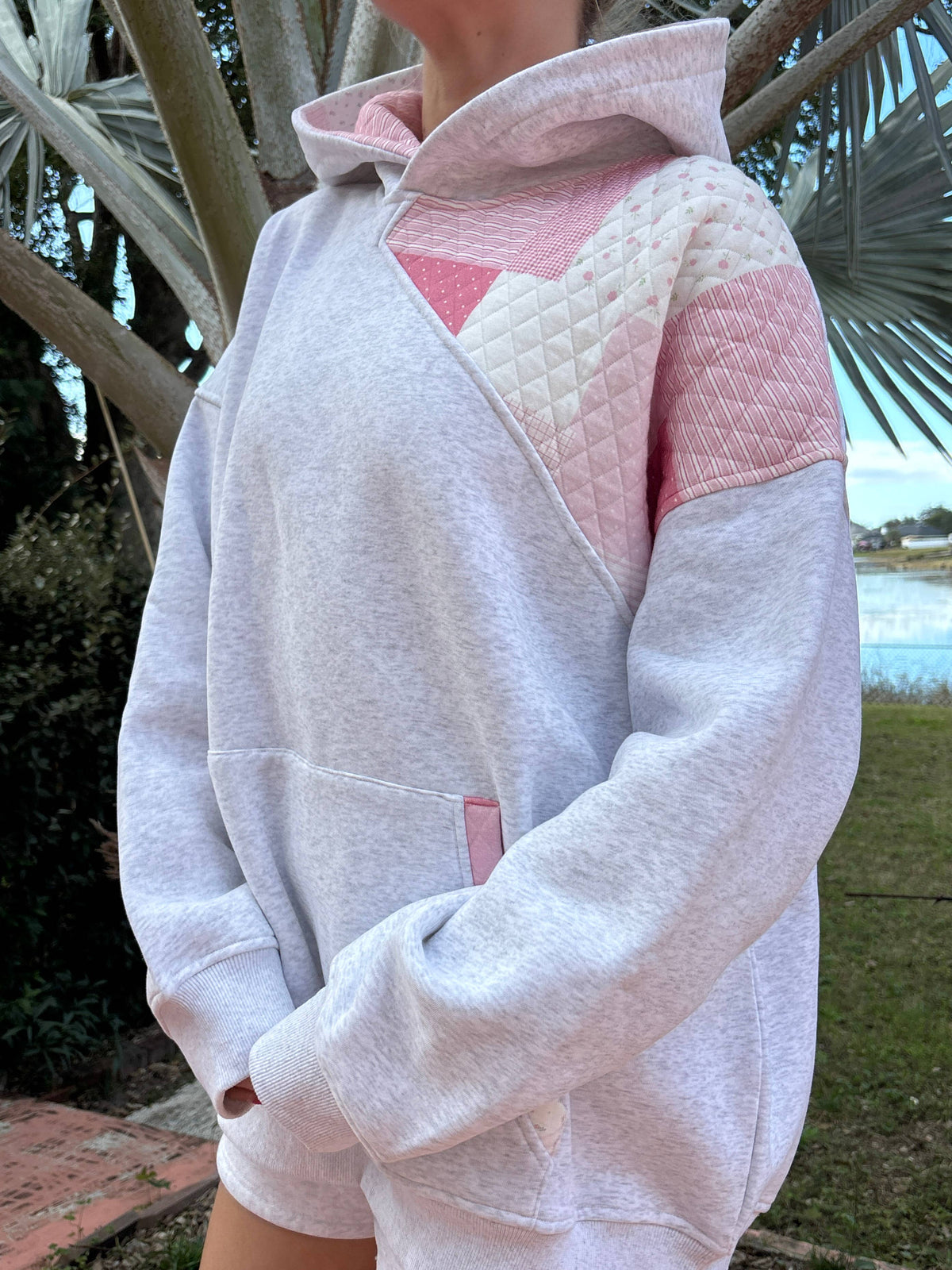Pearl Grey Margo Quilted Patchwork Hoodie