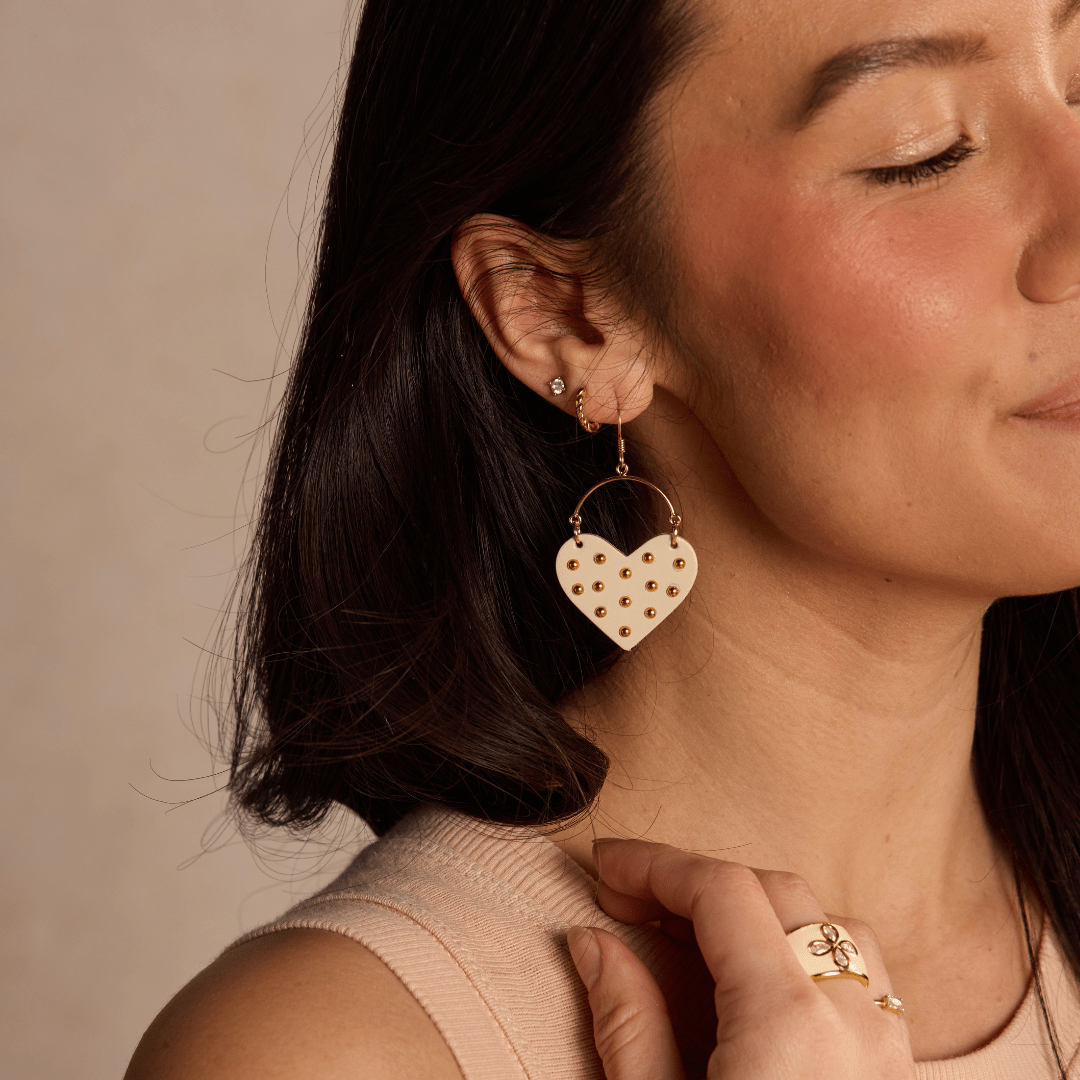 Ecru Harlow Studded Heart Hoop Earrings: Silver