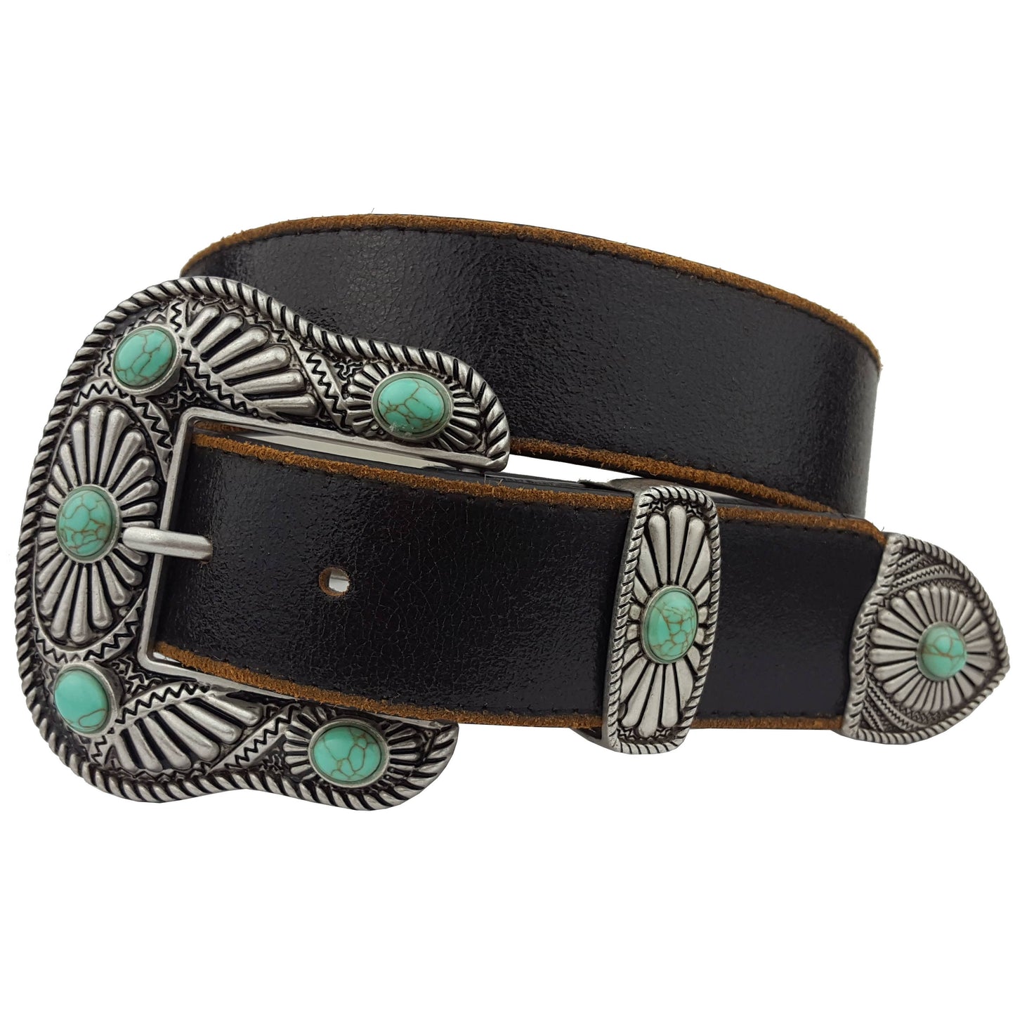 Vintage Leather belt with Western Buckle Set: Black w. Blue Stone / M