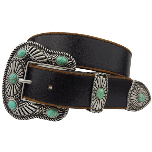 Vintage Leather belt with Western Buckle Set: Black w. Blue Stone / M
