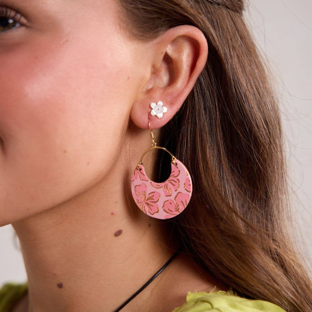 Pink Cameo Hibiscus Nina Leather Hoop Earrings: Gold