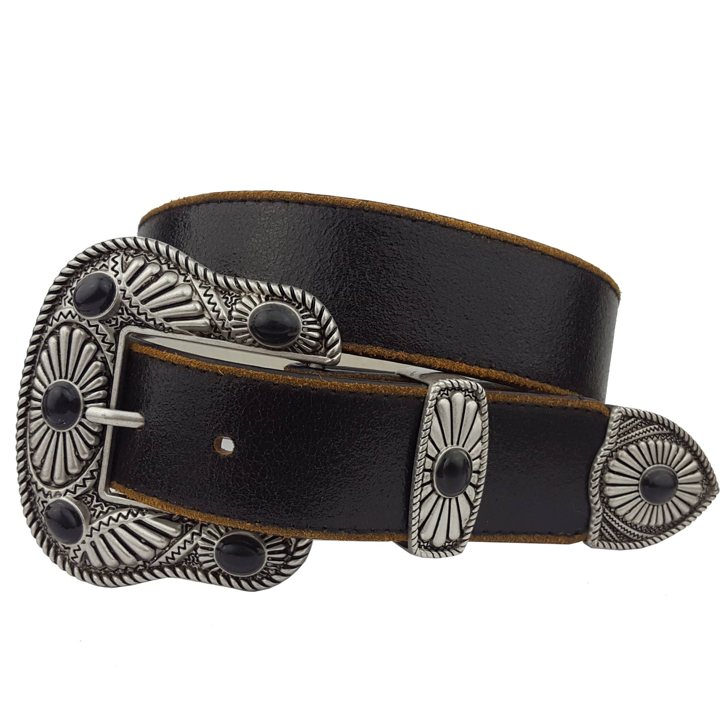 Vintage Leather belt with Western Buckle Set: White w. Blue Stone / S