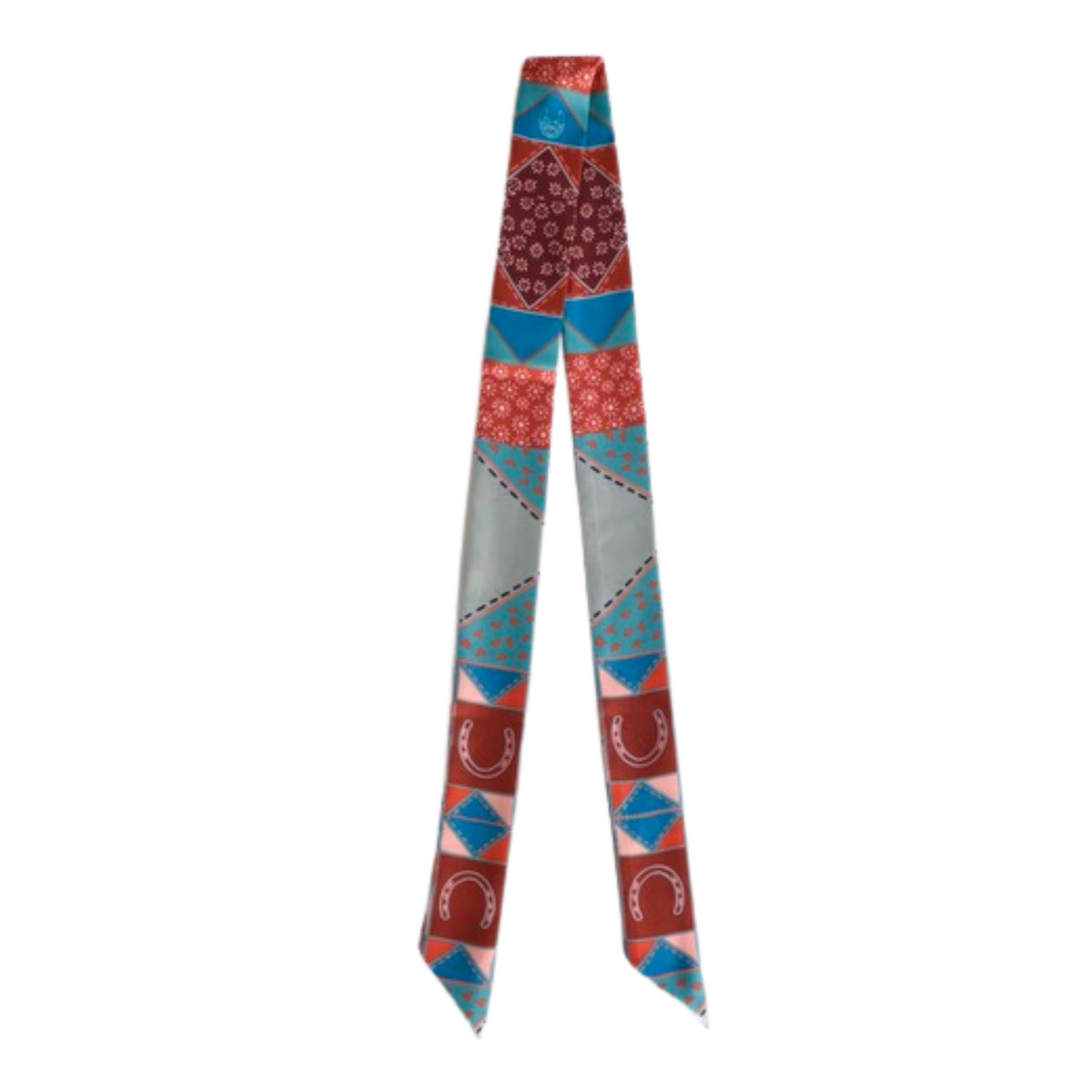 Frontier Patchwork Twilly Scarf in Rust: Boho Western Cowgirl Silky Scarf