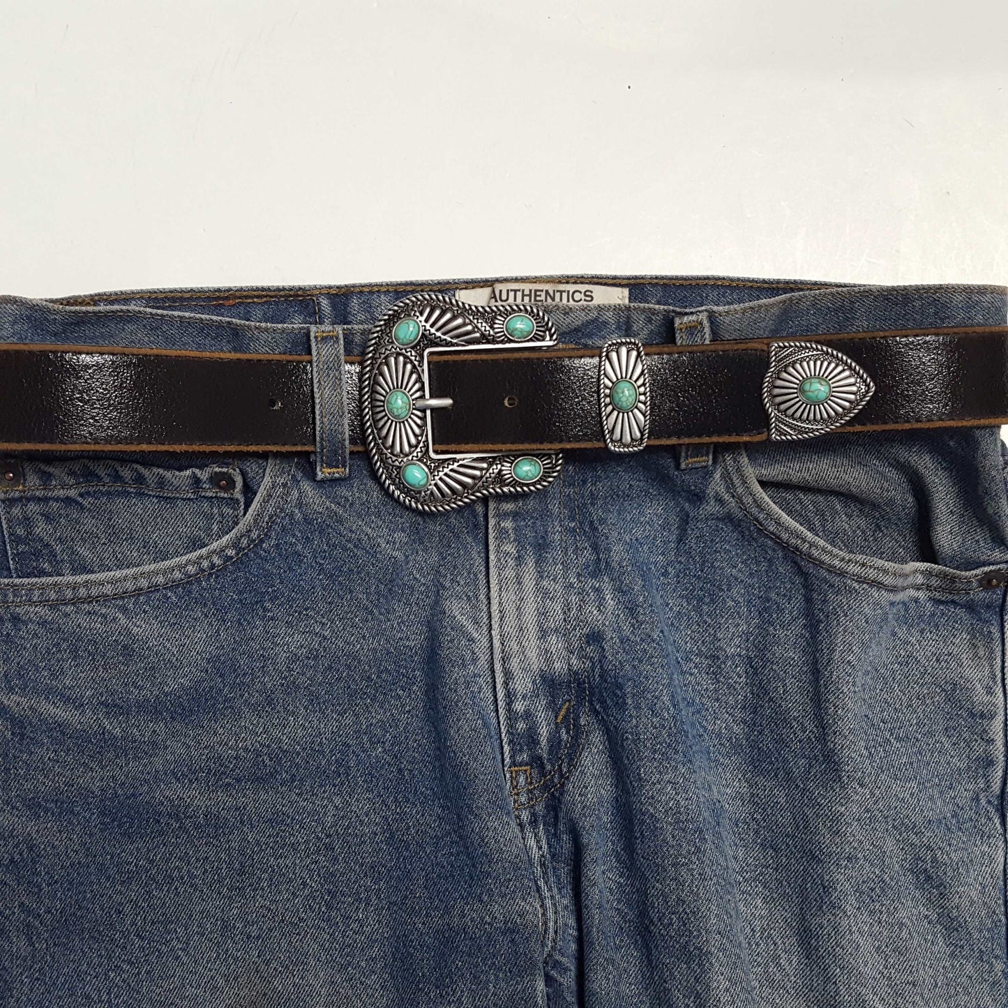 Vintage Leather belt with Western Buckle Set: Black w. Blue Stone / M