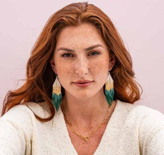 Claire Ombre Beaded Fringe Earrings Emerald Green