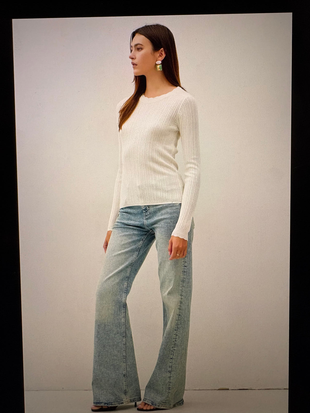 Ivory Scalloped Edge Ribbed Sweater