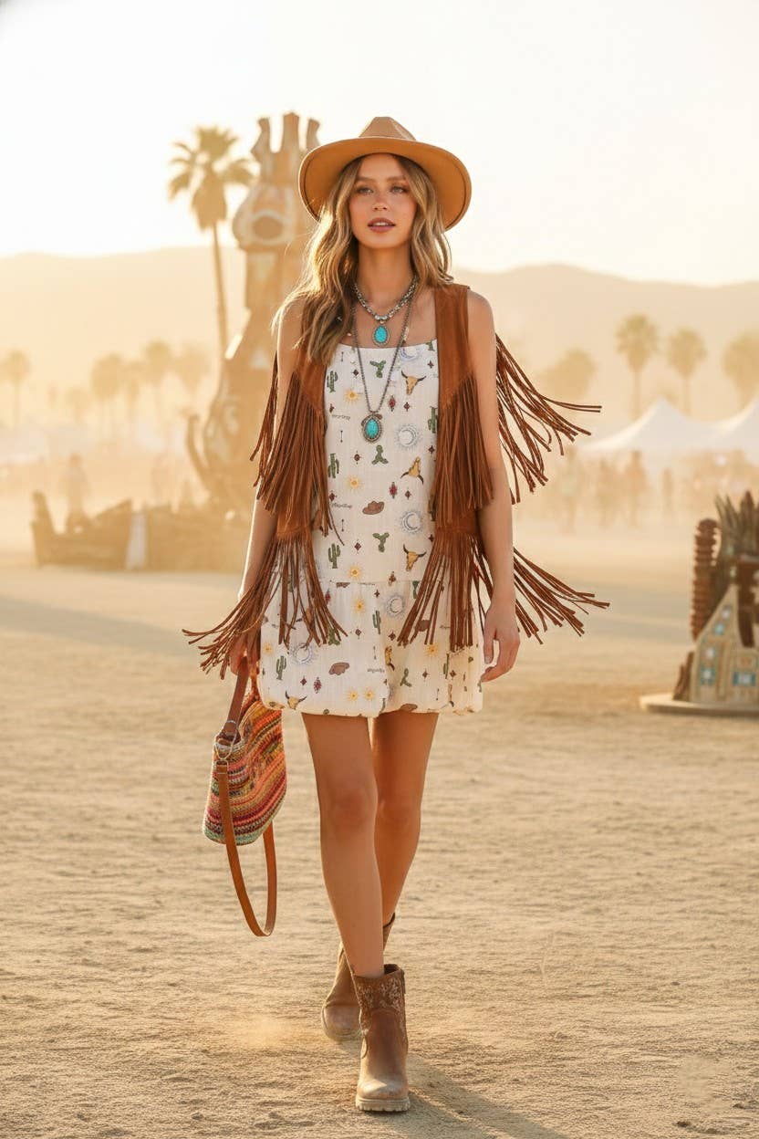 Western Pattern Spaghetti Strap Bubble Dress