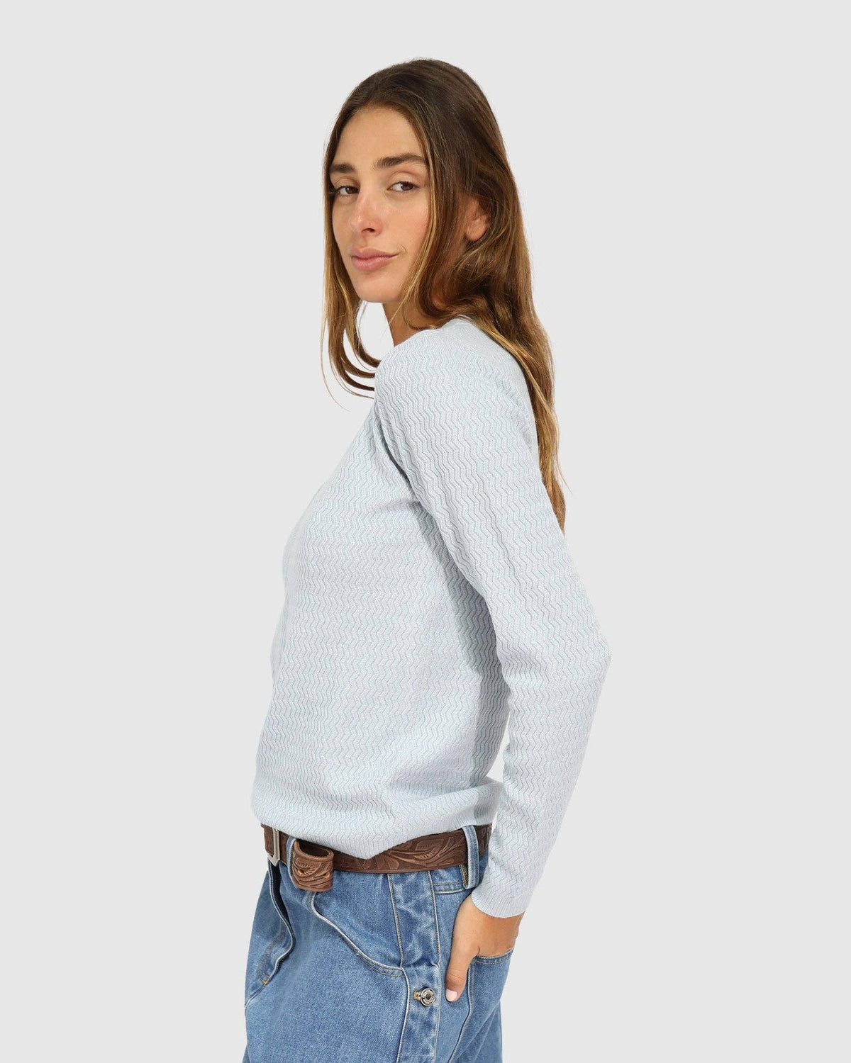 Frankie Textured Knitted Long Sleeve Top - Denim Blue