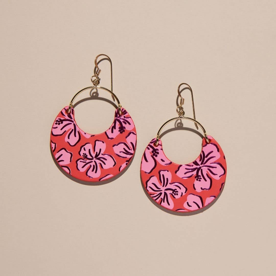 Flame Hibiscus Nina Leather Hoop Earrings: Silver