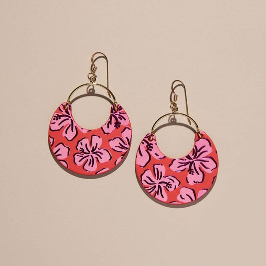 Flame Hibiscus Nina Leather Hoop Earrings: Silver