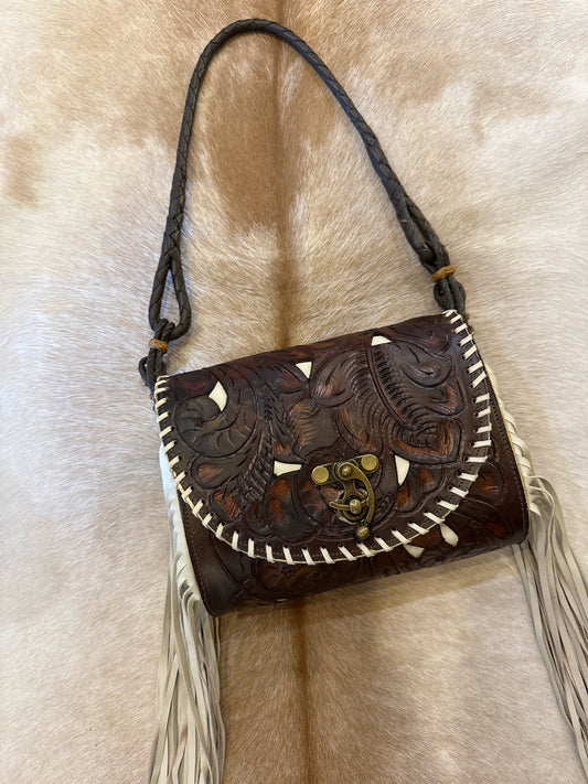 Tooled Brown with Ivory inlay, fringe and Short Horse Reign Strap