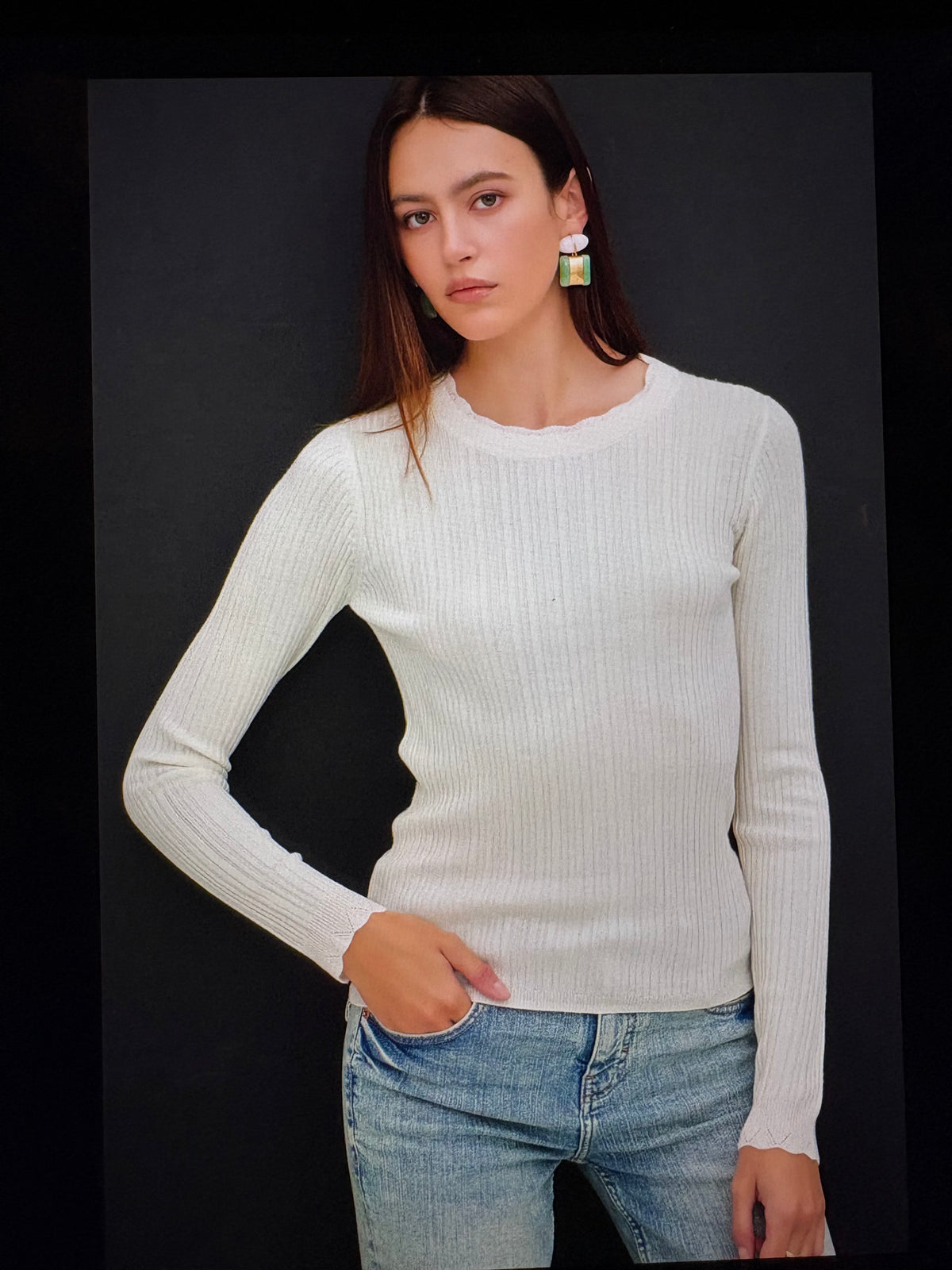 Ivory Scalloped Edge Ribbed Sweater