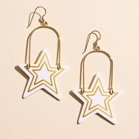White All Star Leather Dangle Earrings: Silver