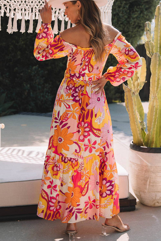 Boho Floral Smocked Off Shoulder Puff Sleeve Maxi Dress