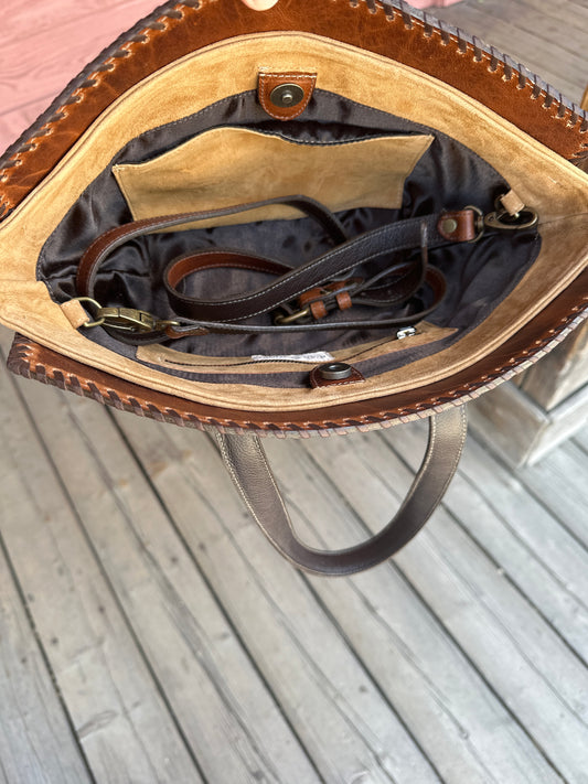 Juan Antonio Small Camel Rough Out Whipstitch Handbag with Bison Cognac Details.