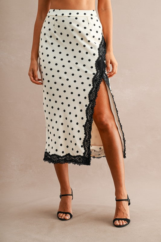 Satin polka dot lace trim midi skirt