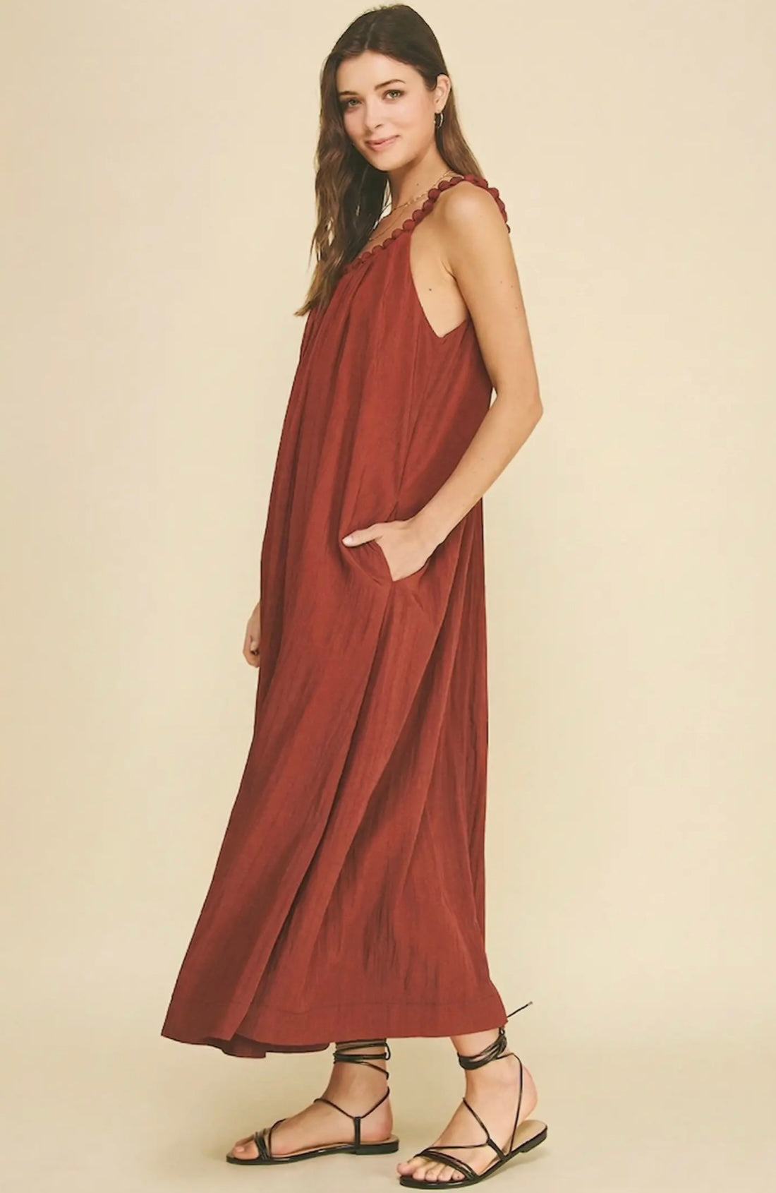 Rust Maxi Dress with Ball Trim Neckline