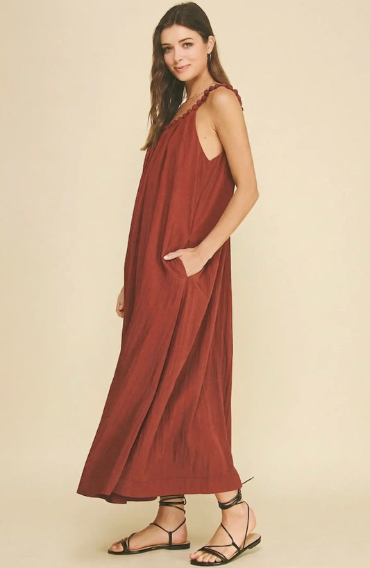 Rust Maxi Dress with Ball Trim Neckline